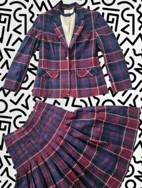 Pendleton Plaid Two-Piece Skirt Suit - Navy & Burgundy Blazer And Skirt
